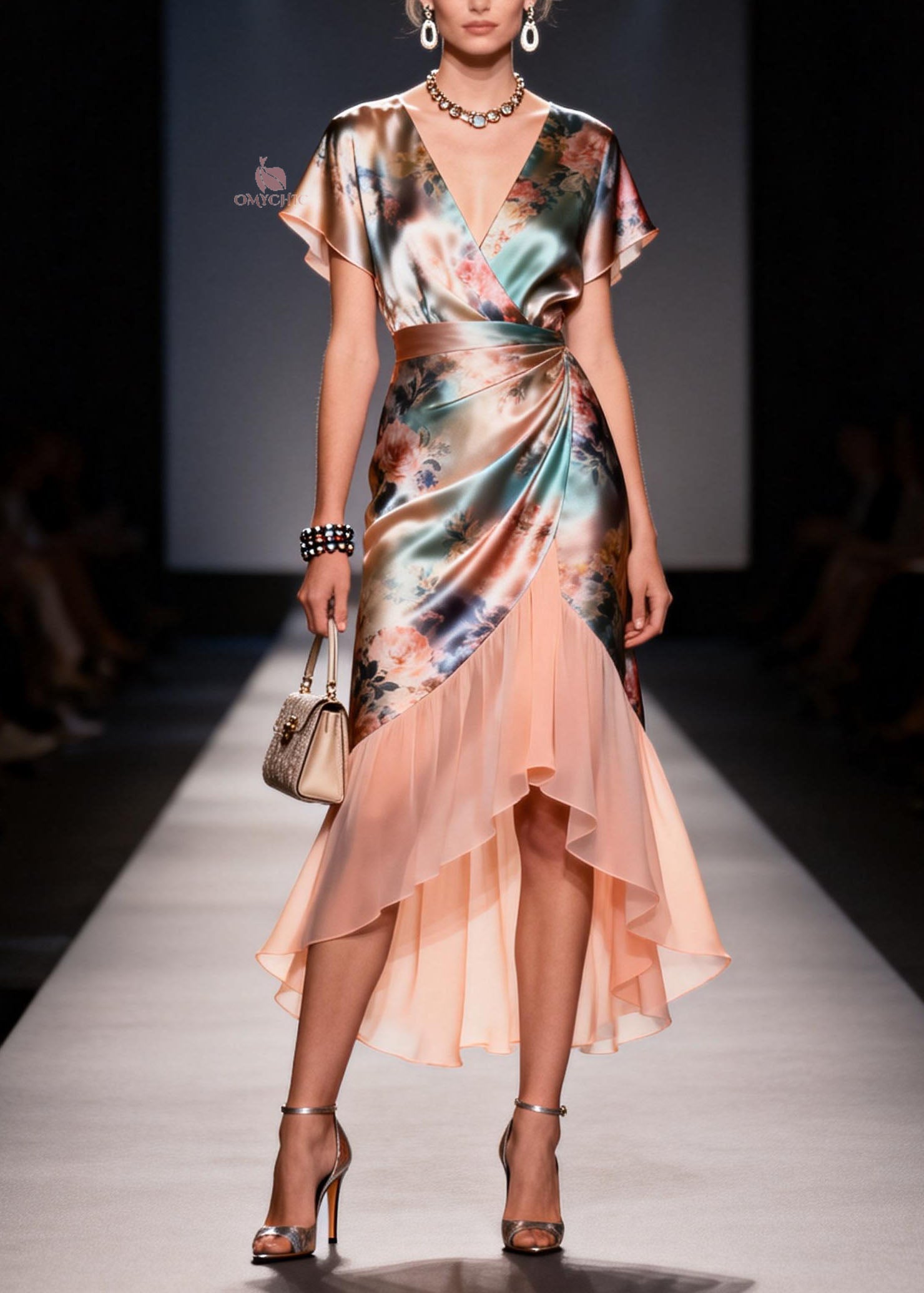 Floral Rose Print Wrap V-Neck Flutter Sleeve Draped Waist High Low Ruffle Midi Dress