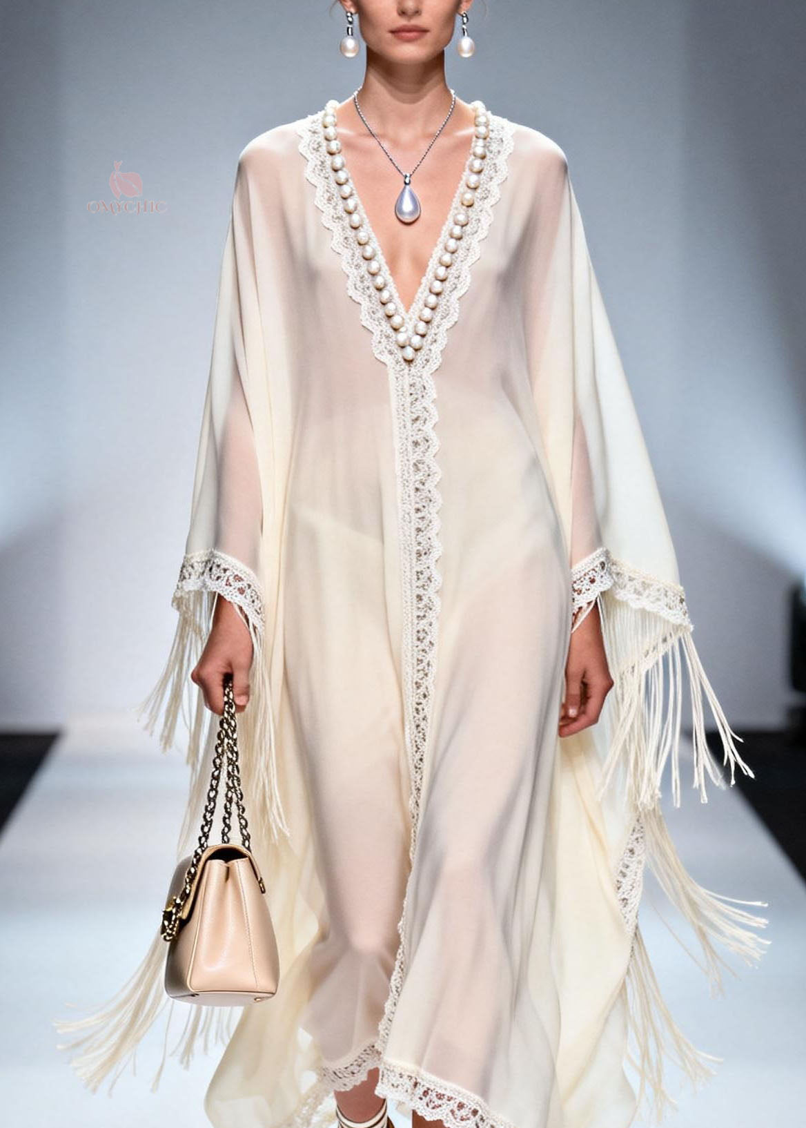 Chiffon Pearl Beaded Lace Trim Fringe Angel Sleeve V-Neck Kaftan Maxi Gown