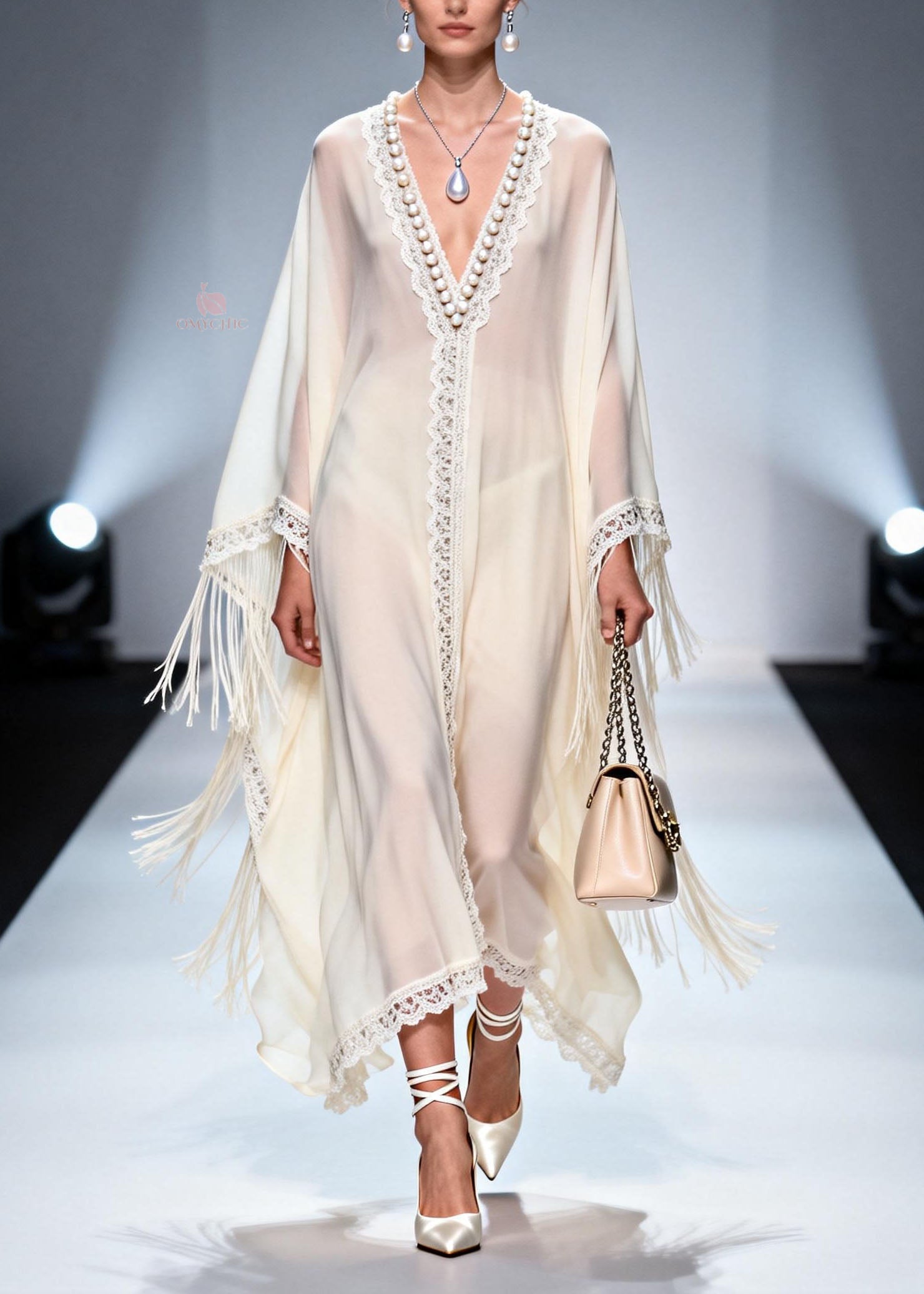 Chiffon Pearl Beaded Lace Trim Fringe Angel Sleeve V-Neck Kaftan Maxi Gown