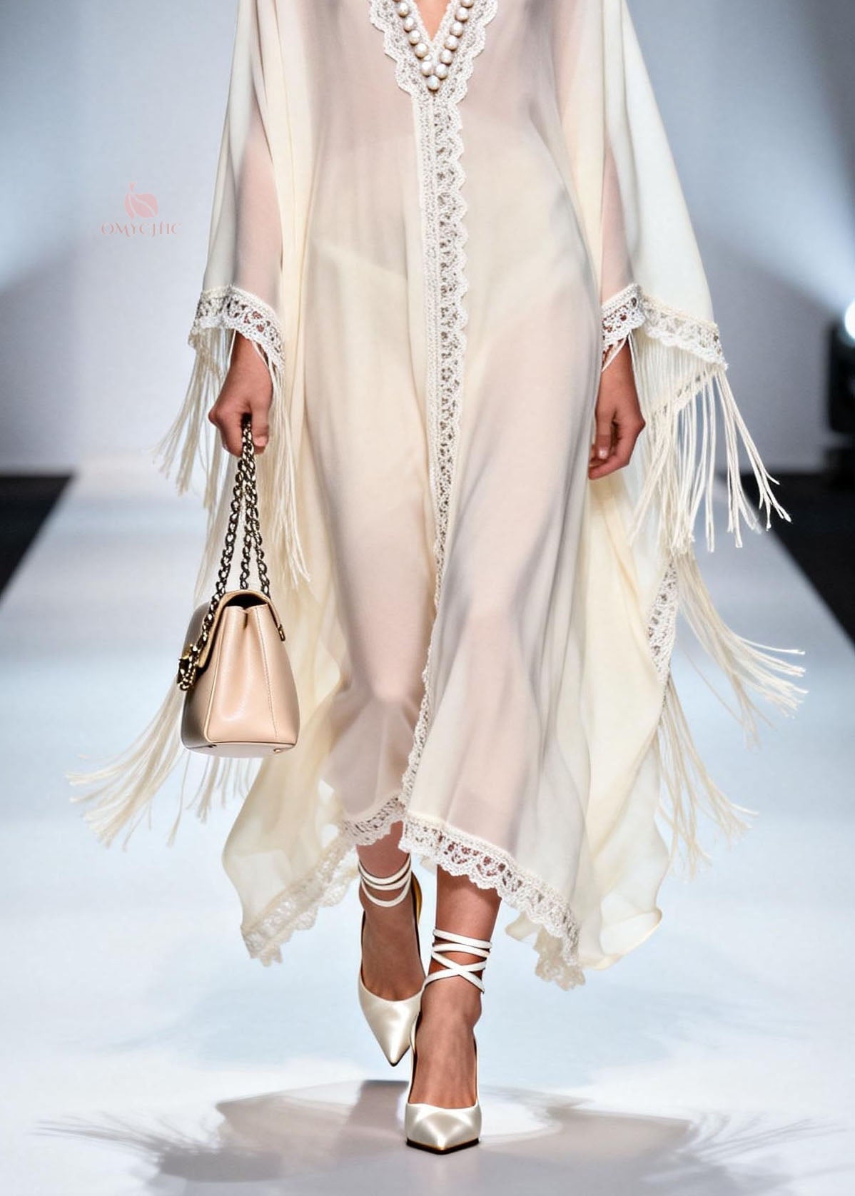 Chiffon Pearl Beaded Lace Trim Fringe Angel Sleeve V-Neck Kaftan Maxi Gown