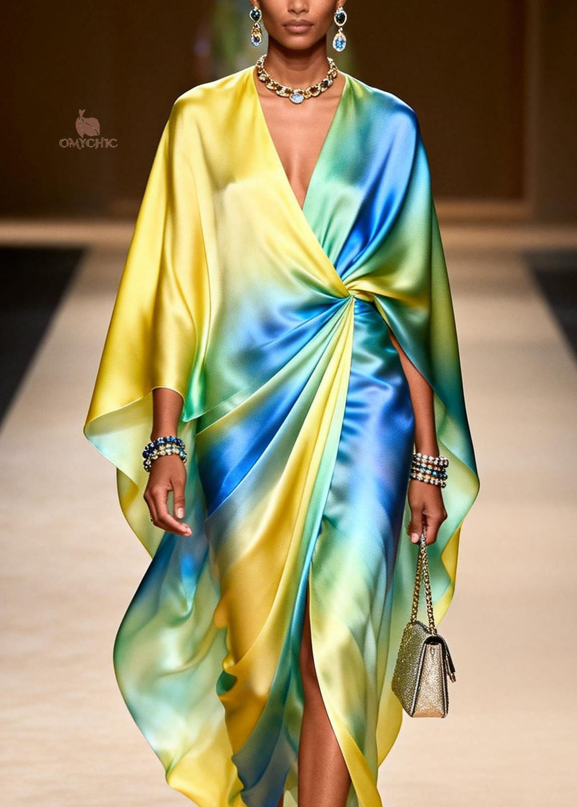 Satin Tie Dye Twisted Waist Deep V-Neck Cape Sleeve High Split Maxi Gown