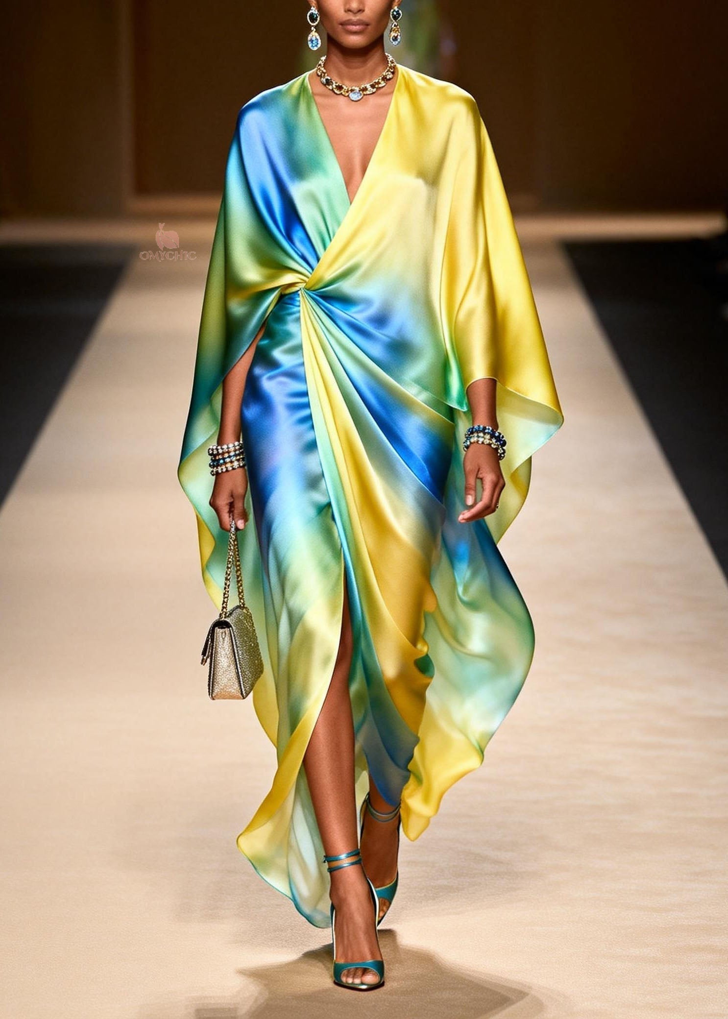 Satin Tie Dye Twisted Waist Deep V-Neck Cape Sleeve High Split Maxi Gown