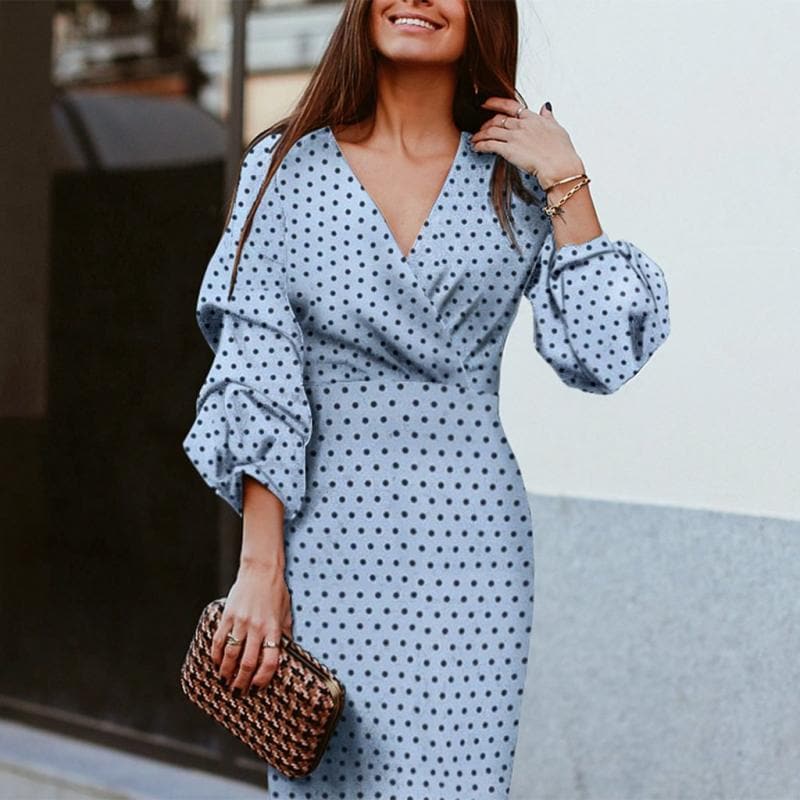 Polka Dot Surplice V-Neck Puff Sleeve Bodycon Mini Dress