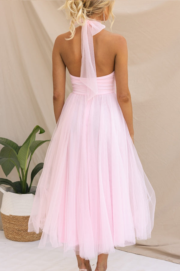 Tulle Halter Neck Fit and Flare Maxi Dress 3