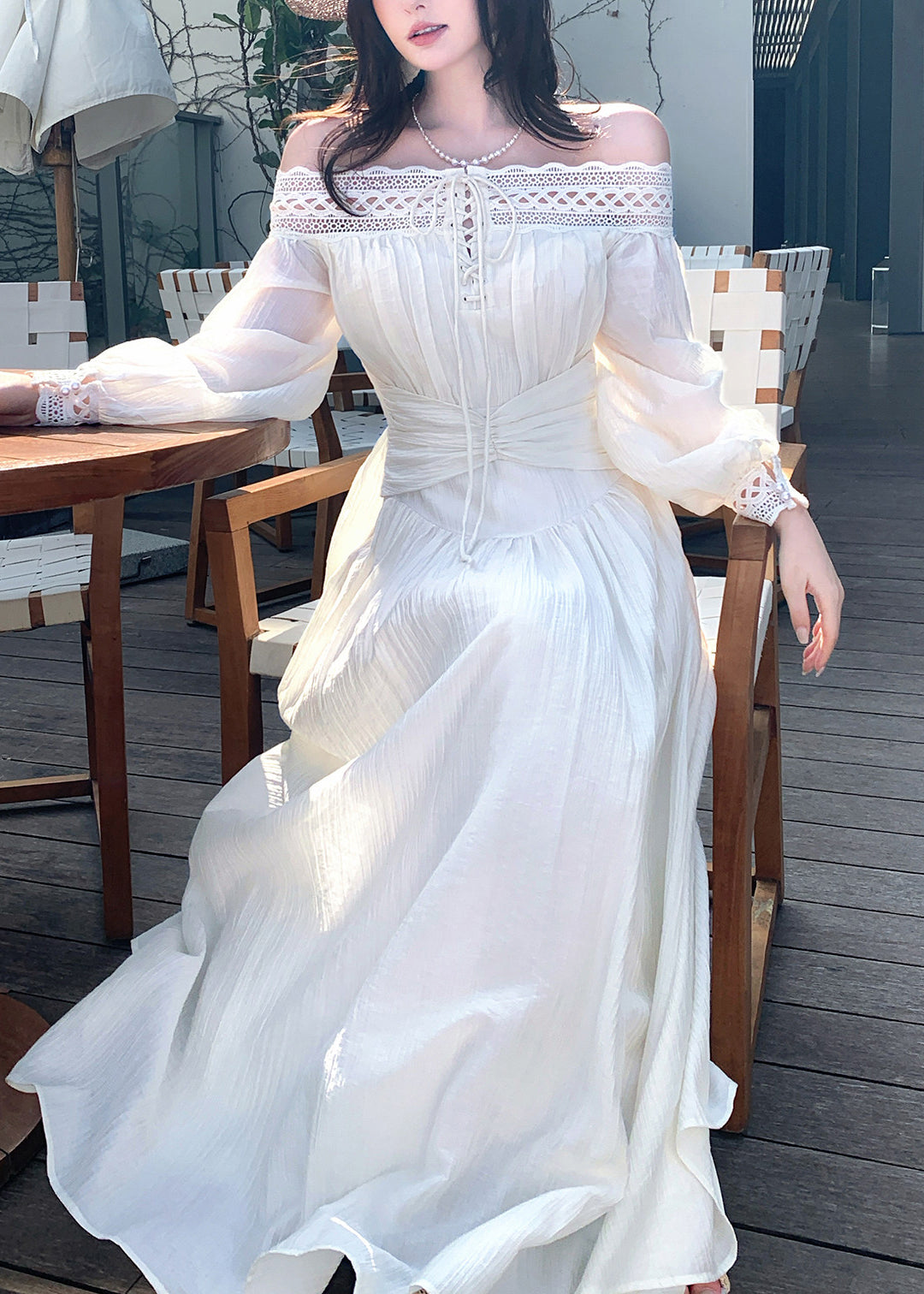 Lace Off Shoulder Lace Up Bishop Sleeve Ruched Waist Maxi Dress