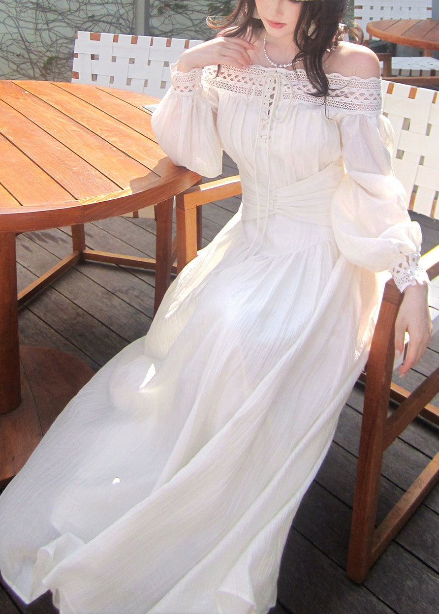 Lace Off Shoulder Lace Up Bishop Sleeve Ruched Waist Maxi Dress