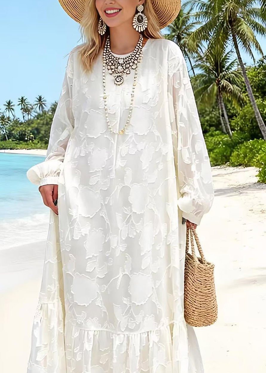 Floral Jacquard Round Neck Lantern Sleeve Tiered Ruffle Maxi Dress