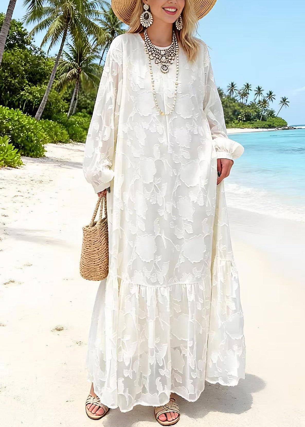 Floral Jacquard Round Neck Lantern Sleeve Tiered Ruffle Maxi Dress
