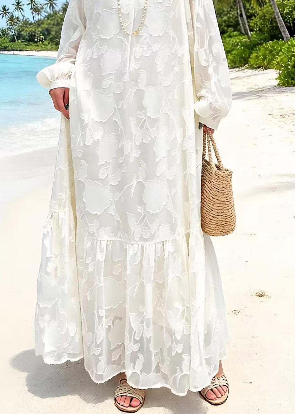 Floral Jacquard Round Neck Lantern Sleeve Tiered Ruffle Maxi Dress