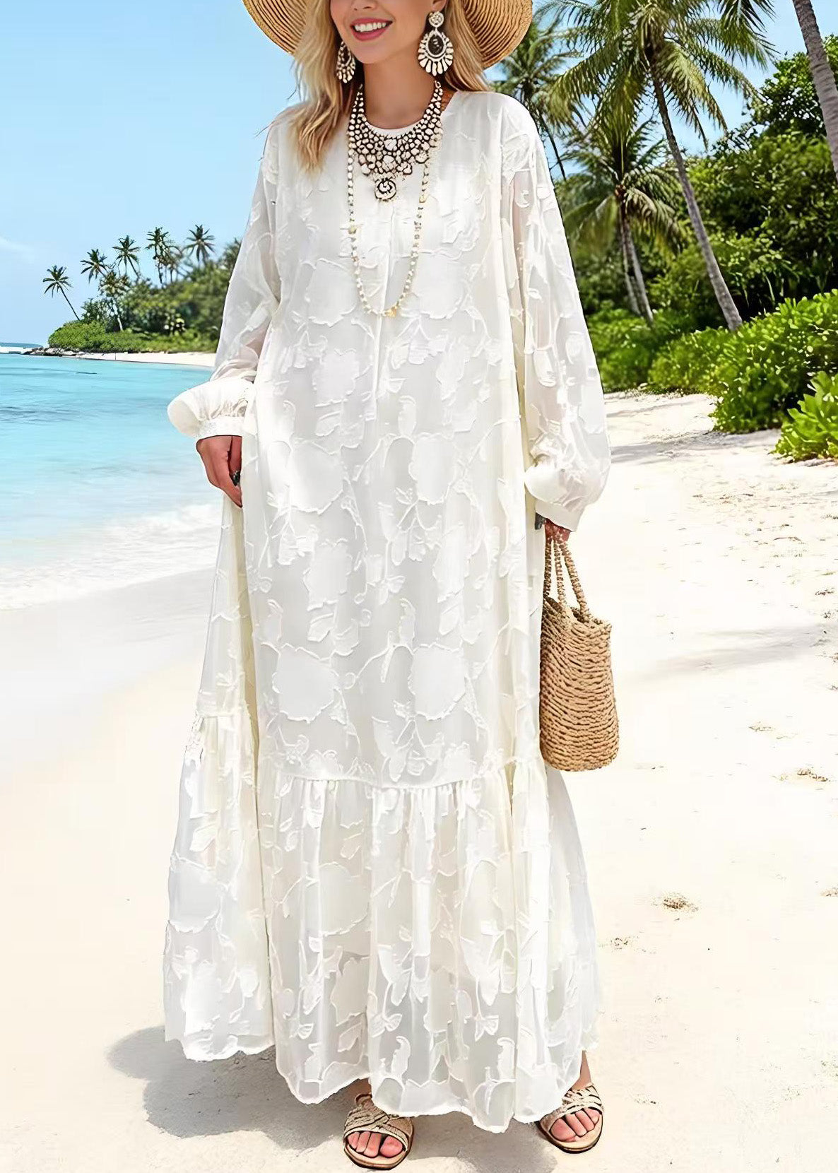 Floral Jacquard Round Neck Lantern Sleeve Tiered Ruffle Maxi Dress