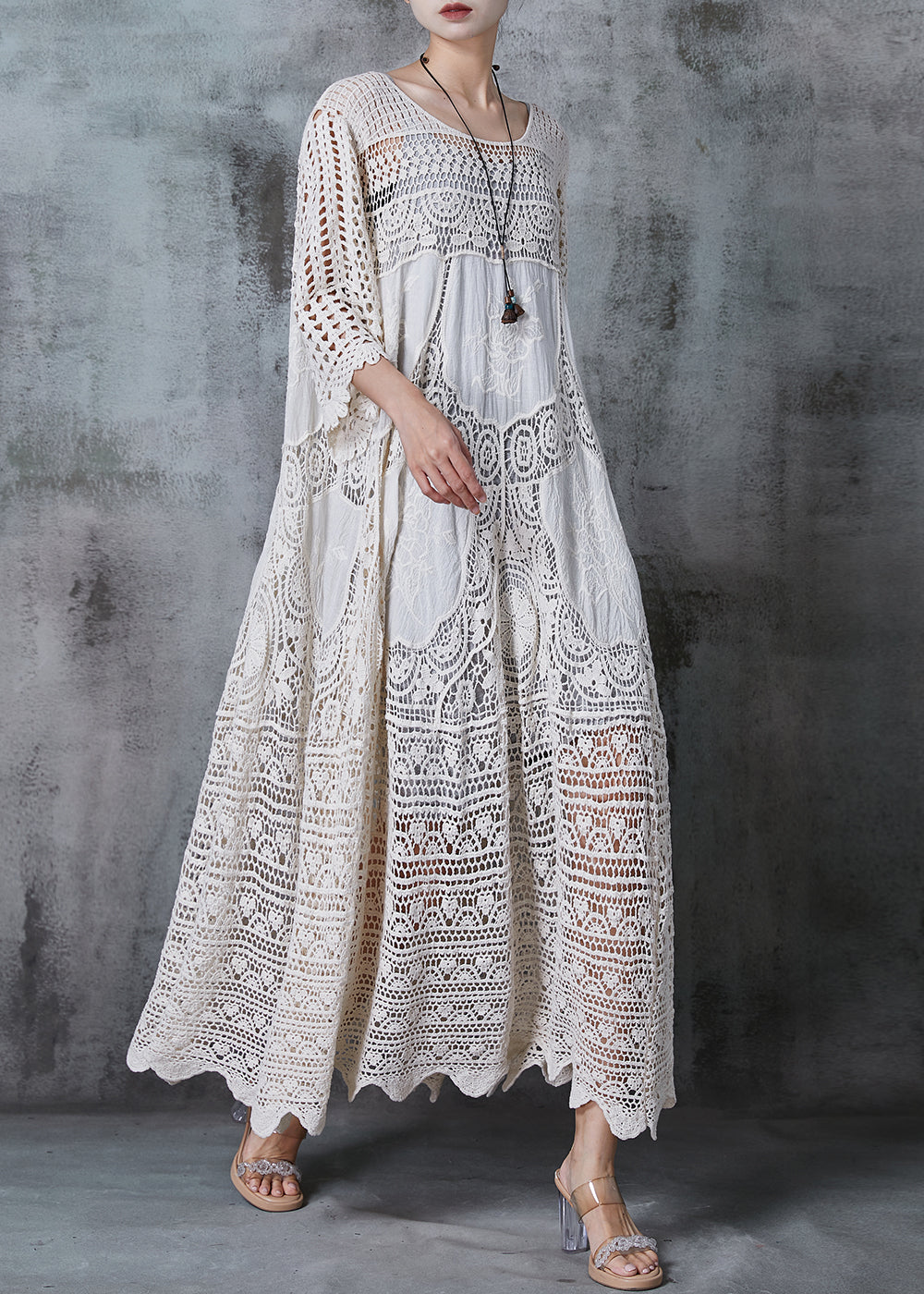 Crochet Lace Round Neck Three Quarter Sleeve Tiered Maxi Dress