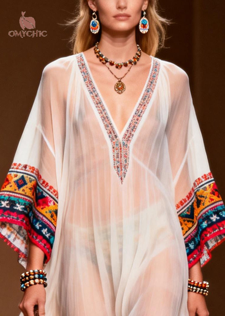 Women White Oversized Print Chiffon Maxi Dresses Summer - View 2
