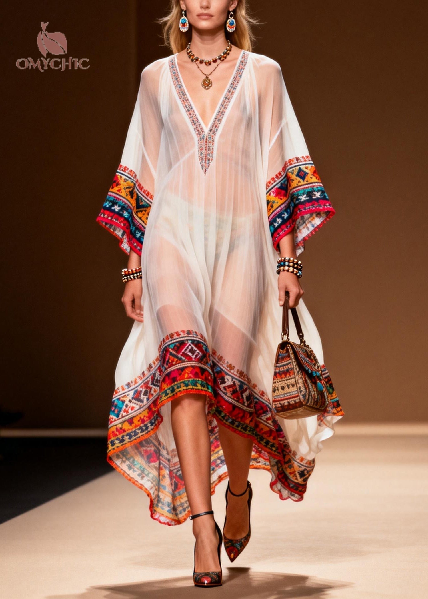 Women White Oversized Print Chiffon Maxi Dresses Summer - View 3