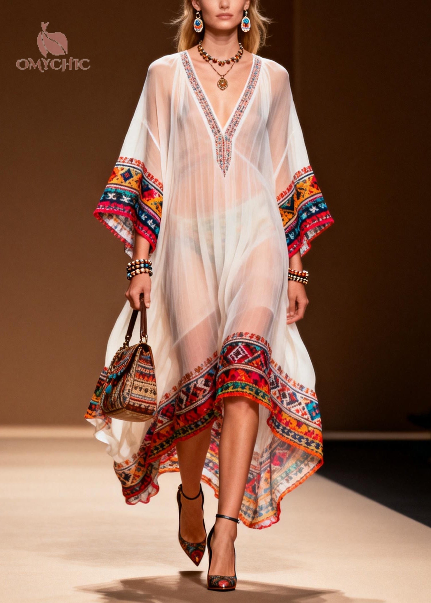 Women White Oversized Print Chiffon Maxi Dresses Summer - View 5