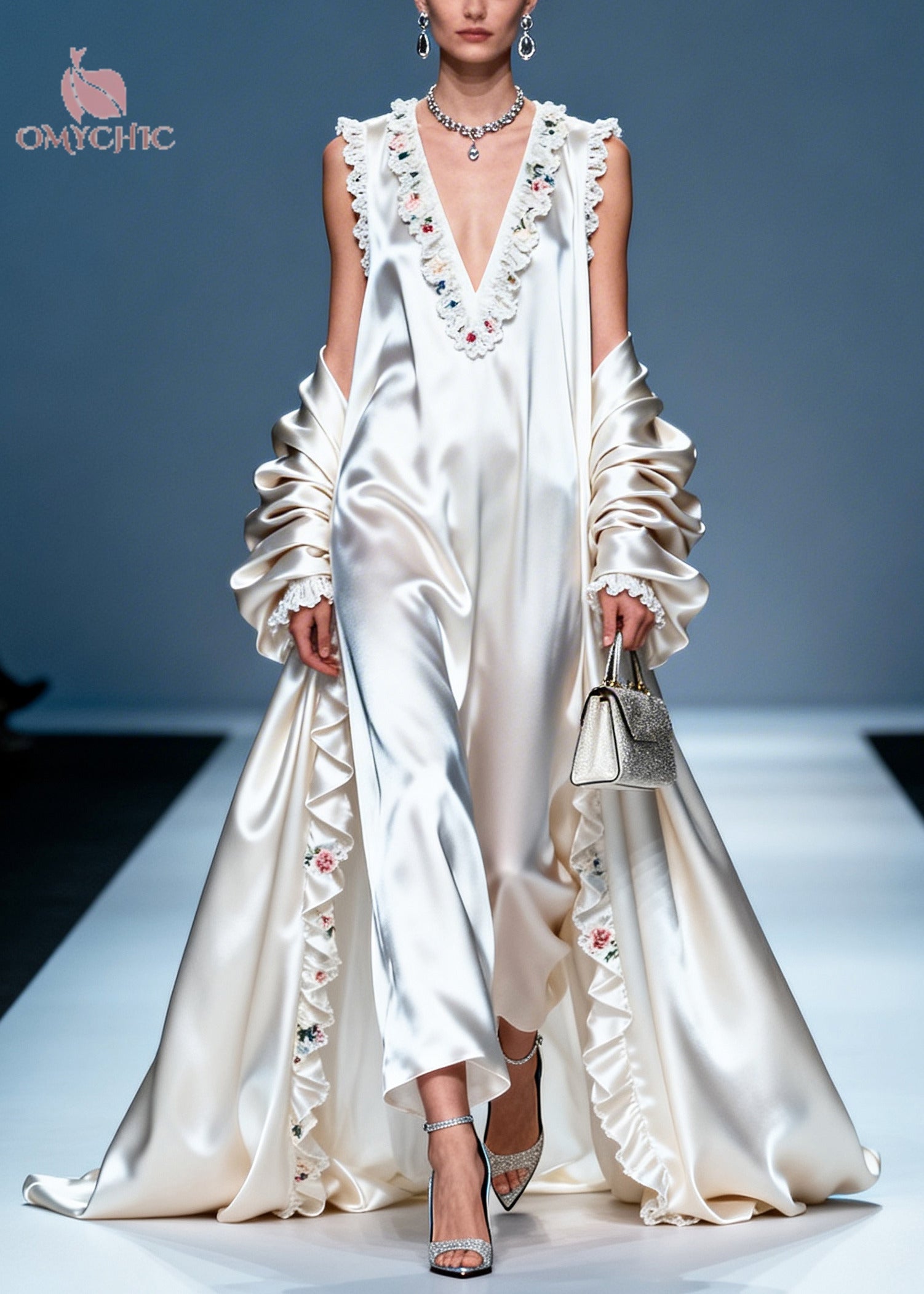 Women White Ruffled Exra Large Hem Silk Party Dress Summer