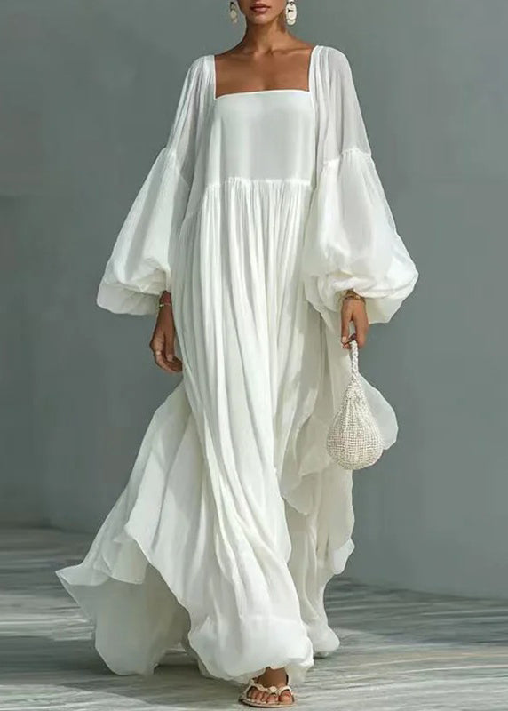 Women White Square Collar Wrinkled Patchwork Cotton Dresses Summer