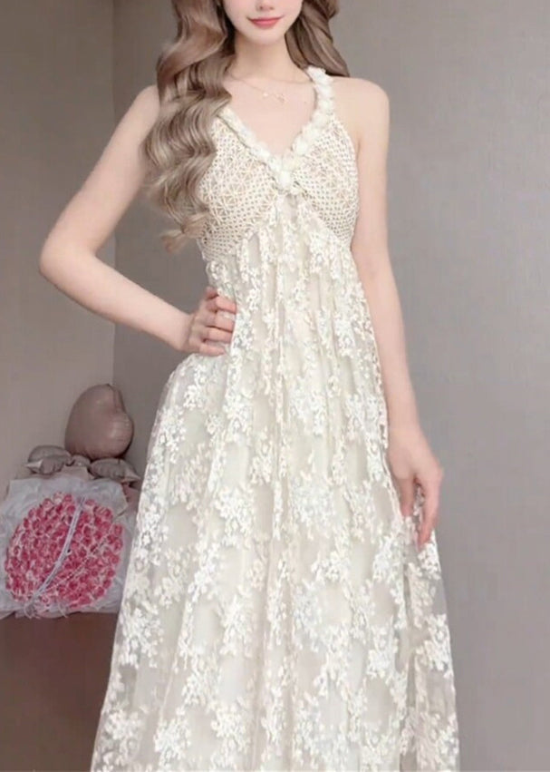 Women White V Neck Exra Large Hem Lace Spaghetti Strap Dress Summer 4