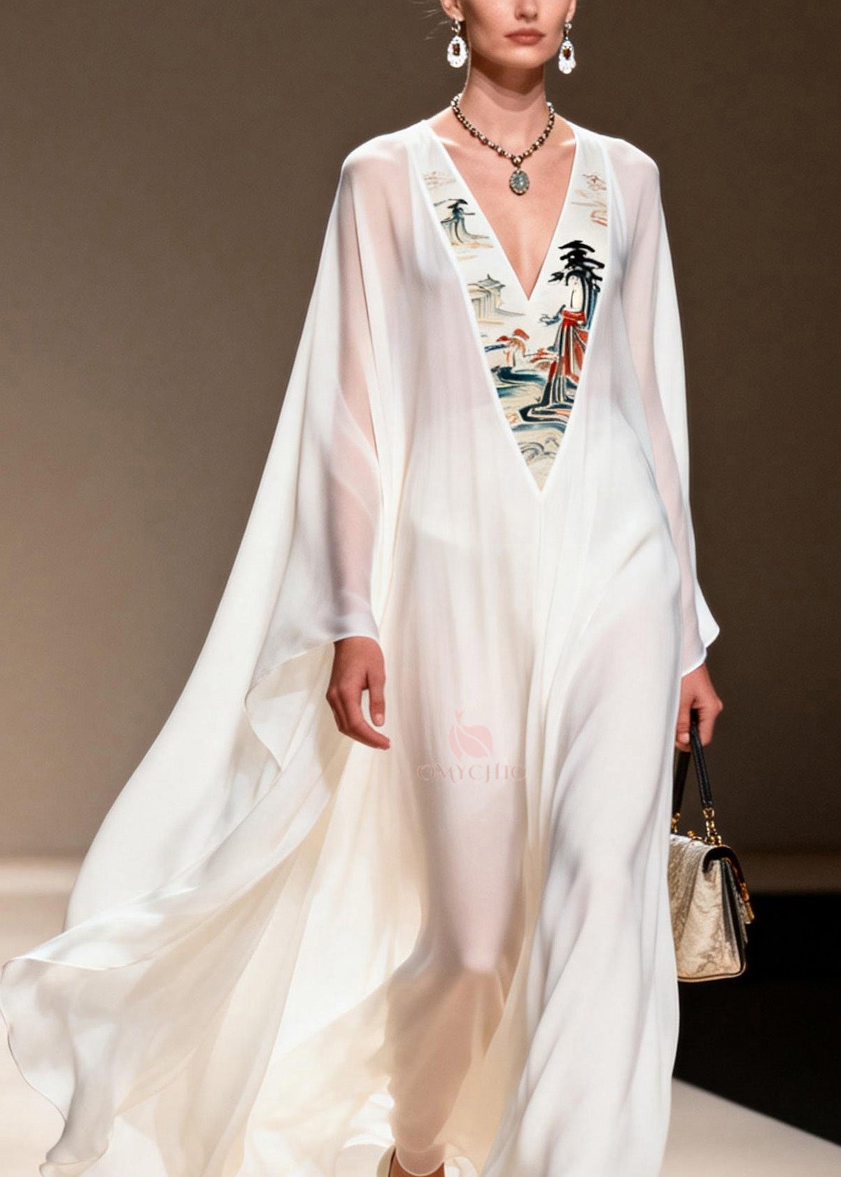 Pagoda Landscape Embroidered Panel Deep V-Neck Cape Sleeve Kaftan Maxi Gown