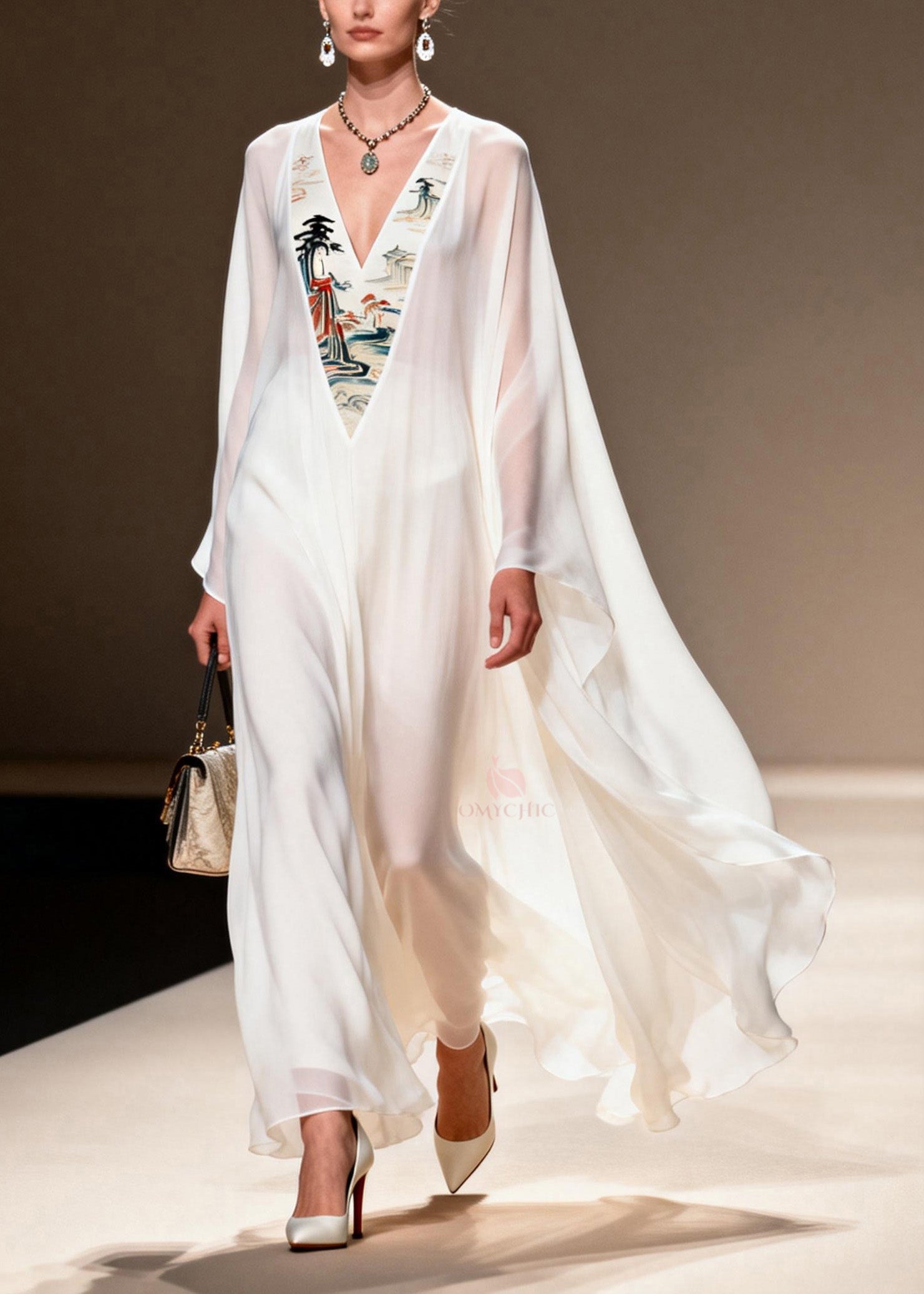 Pagoda Landscape Embroidered Panel Deep V-Neck Cape Sleeve Kaftan Maxi Gown