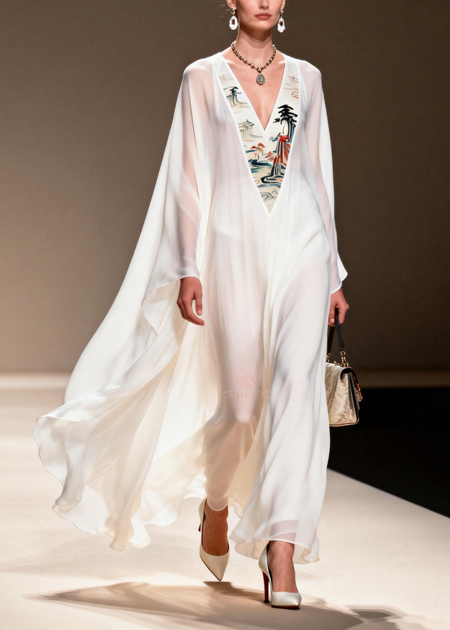 Pagoda Landscape Embroidered Panel Deep V-Neck Cape Sleeve Kaftan Maxi Gown