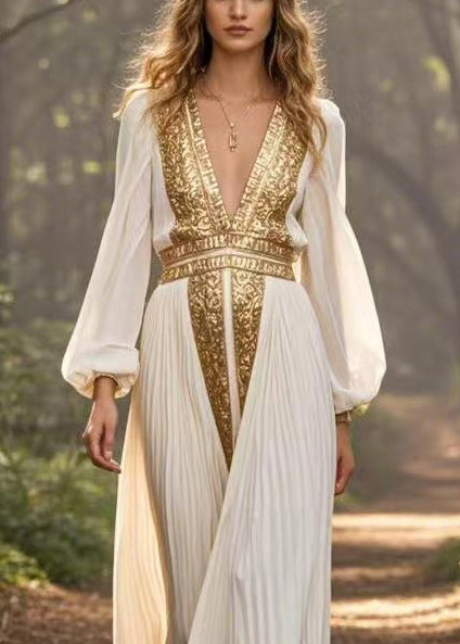 Metallic Embroidery Deep V-Neck Bishop Sleeve Accordion Pleated Chiffon Maxi Gown