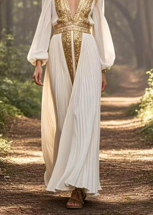 Metallic Embroidery Deep V-Neck Bishop Sleeve Accordion Pleated Chiffon Maxi Gown