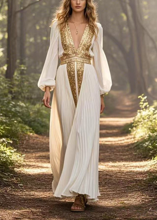 Metallic Embroidery Deep V-Neck Bishop Sleeve Accordion Pleated Chiffon Maxi Gown