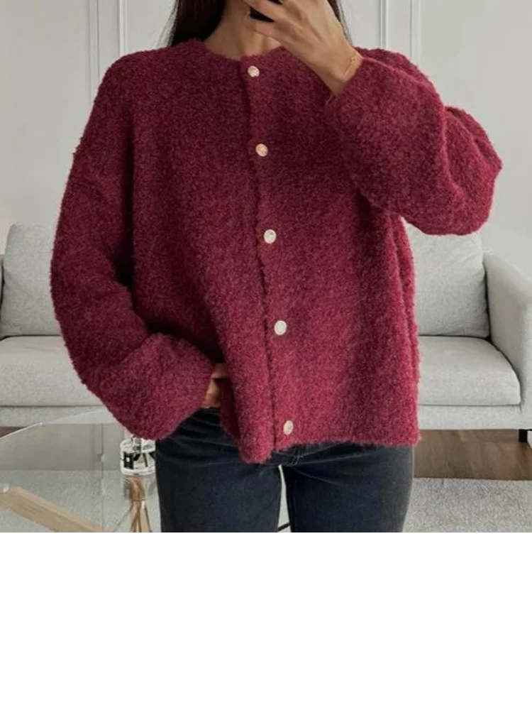Crew Neck Fuzzy Teddy Knit Button Front Long Sleeve Cardigan 5