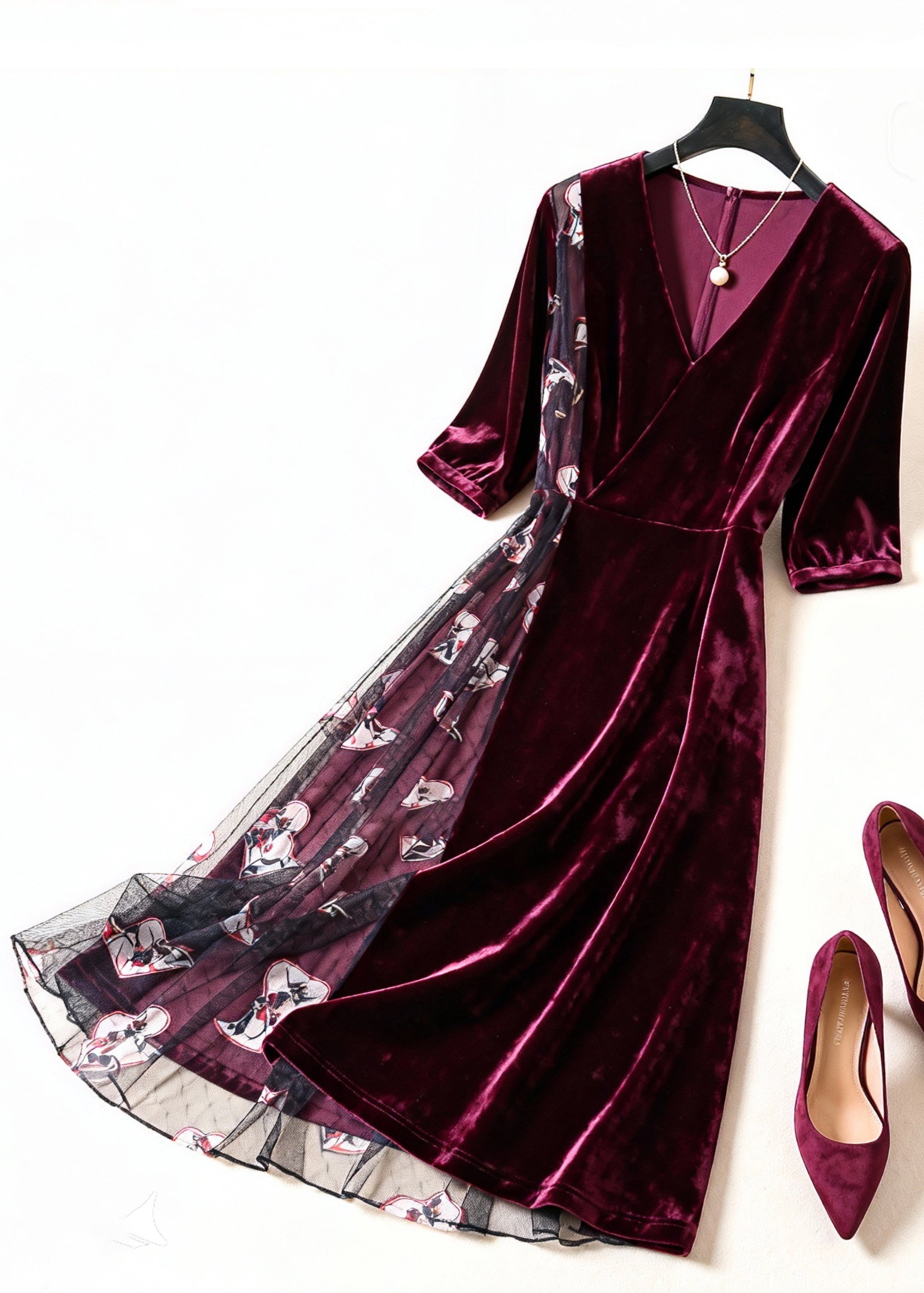 Velvet Wrap V-Neck Elbow Sleeve Mesh Panel Graphic Print Midi Dress