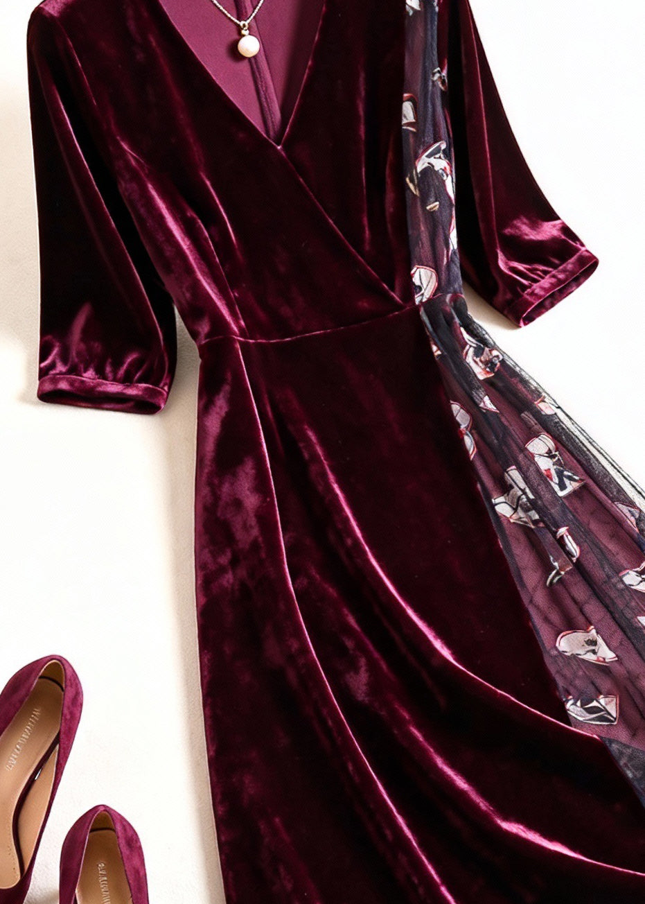 Velvet Wrap V-Neck Elbow Sleeve Mesh Panel Graphic Print Midi Dress