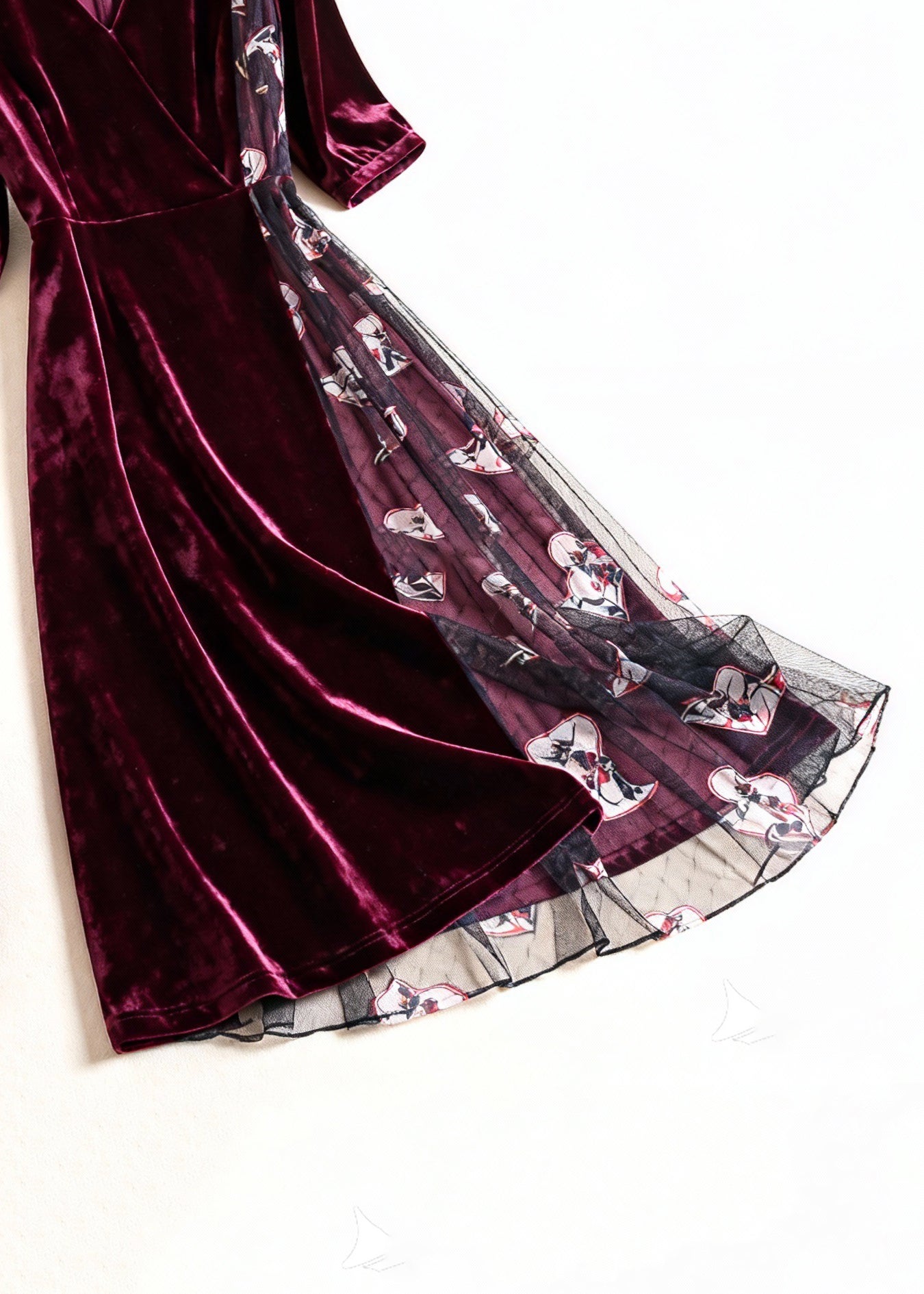 Velvet Wrap V-Neck Elbow Sleeve Mesh Panel Graphic Print Midi Dress
