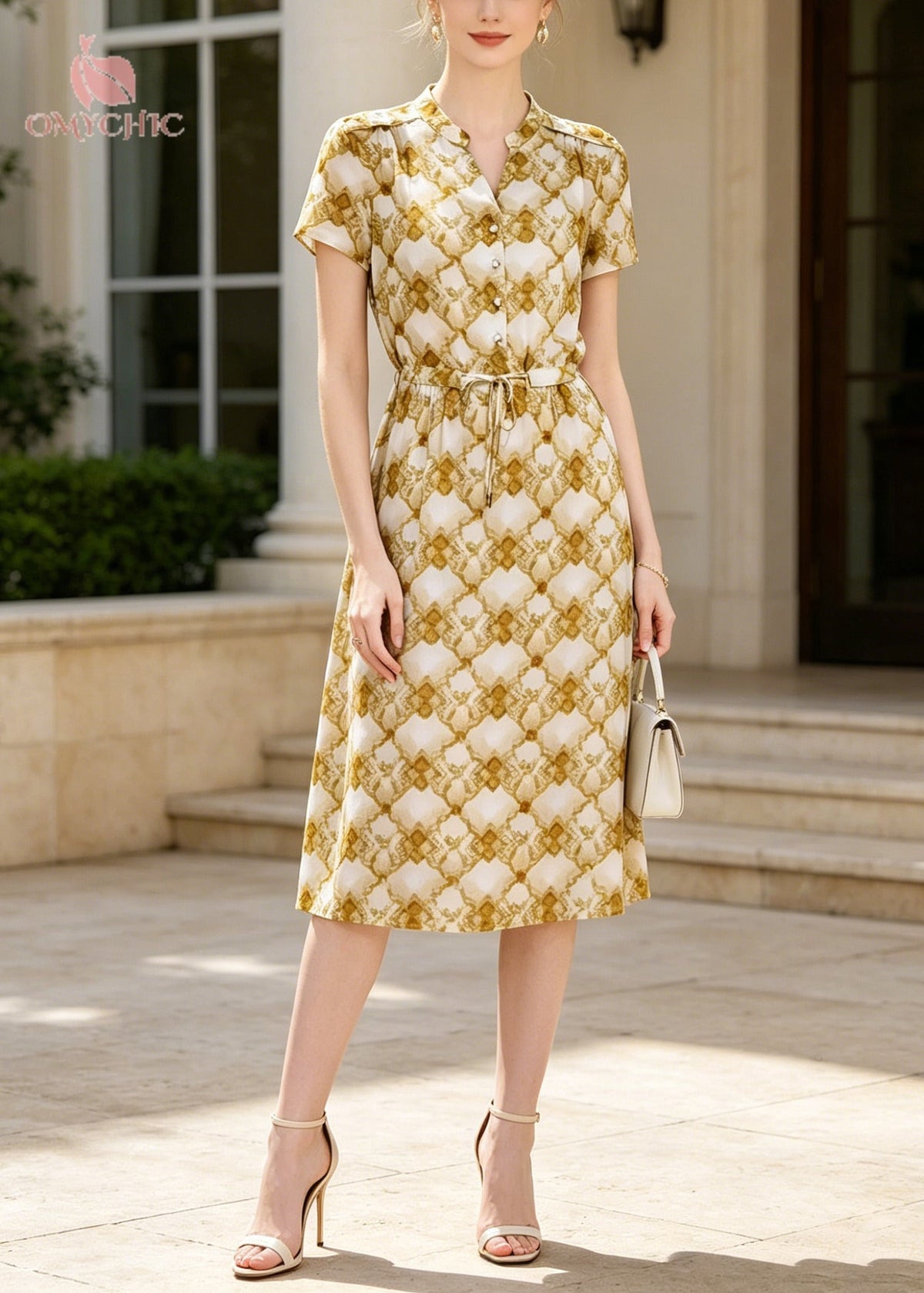 Satin Geometric Print Mandarin Collar Tie Waist Shirt Midi Dress - View 5