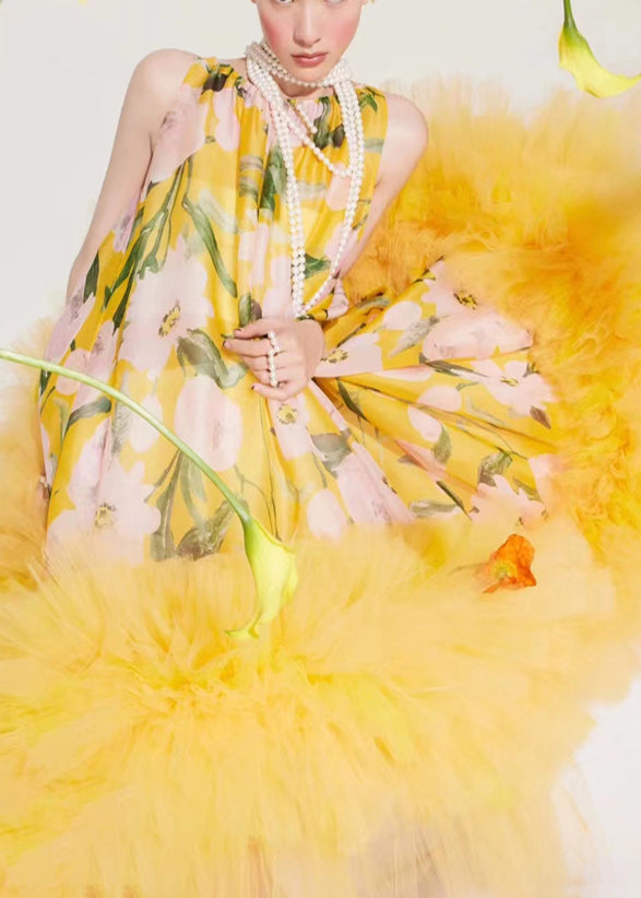 Floral Print Sleeveless High Neck Tulle Oversized Ruffle Hem Party Dress