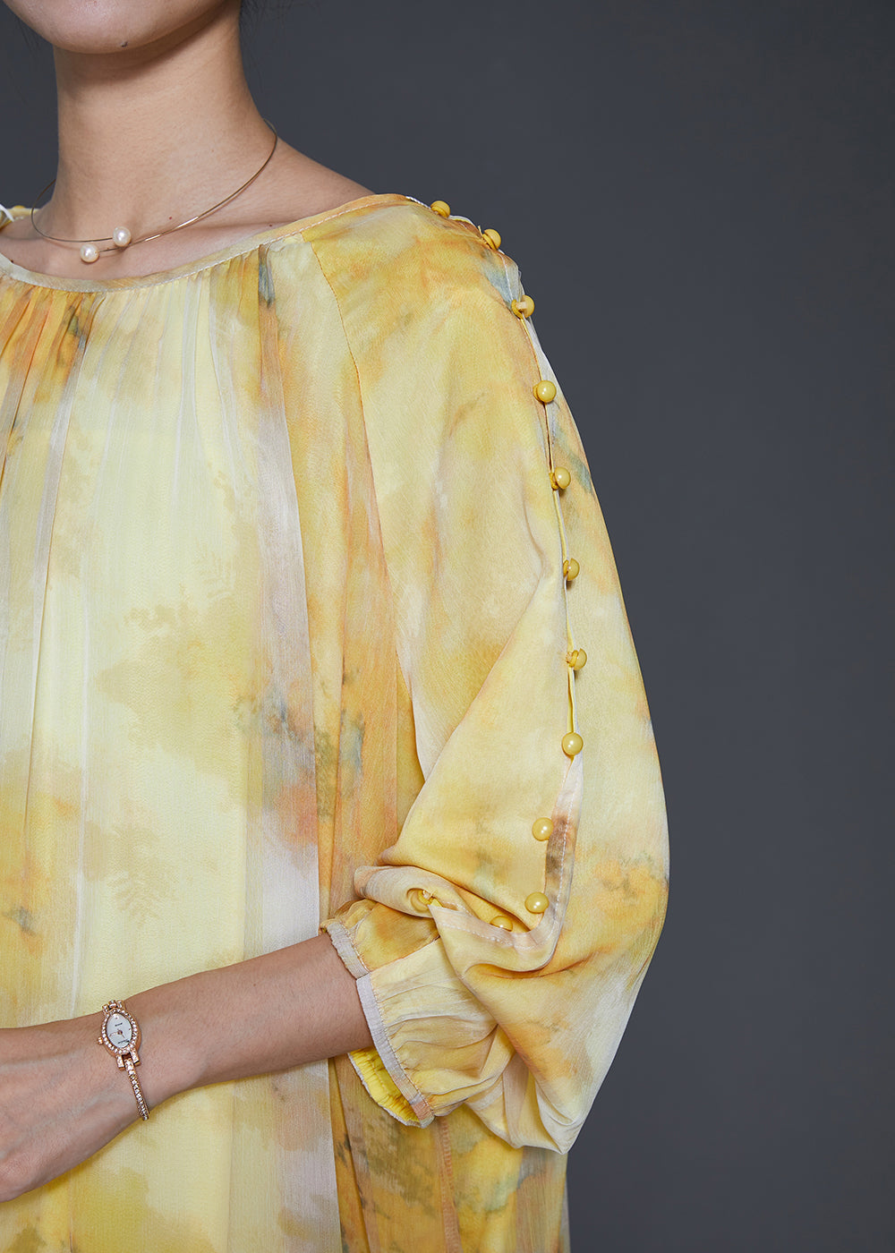 Women Yellow Ruffled Tie Dye Chiffon Maxi Dress Spring 5
