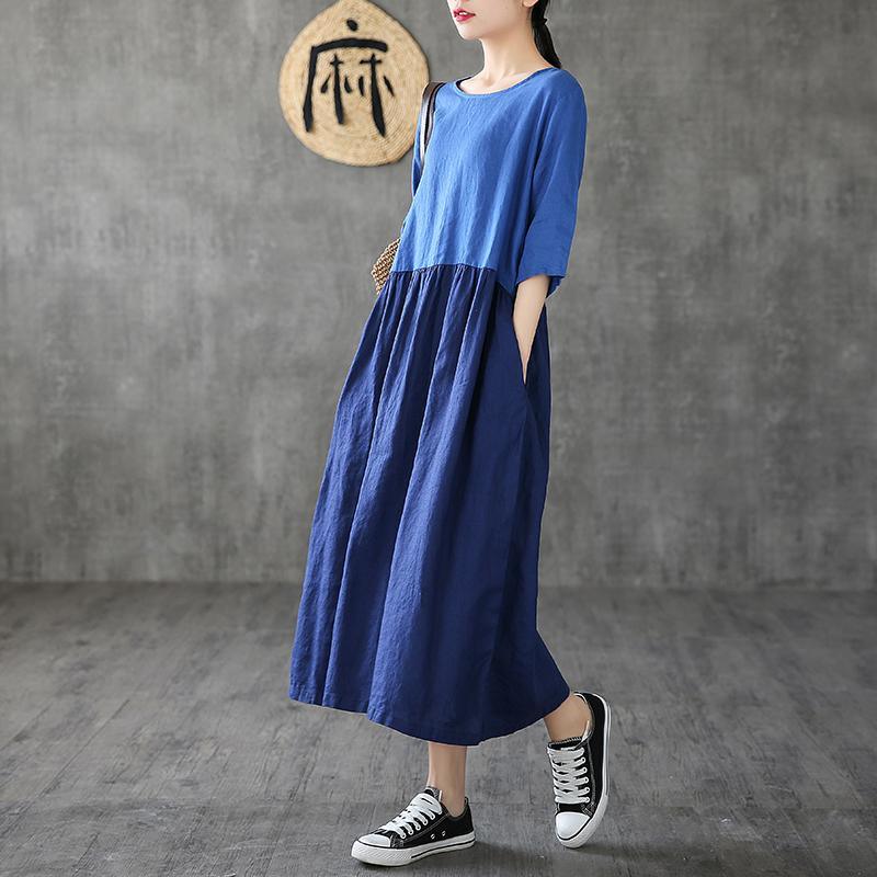 Women Patchwork Half Sleeve Linen Dresses Fashion Ideas Blue Dress Summer