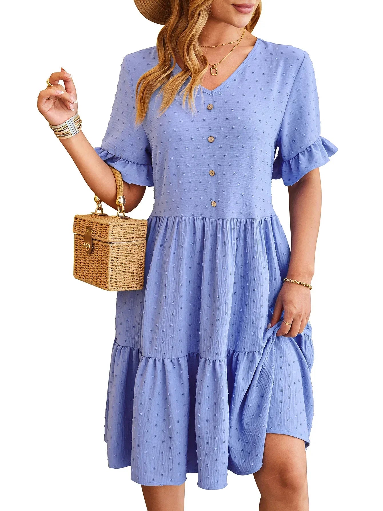 Polka Dot V-Neck Button Front Ruffle Sleeve Empire Waist Tiered Babydoll Mini Dress