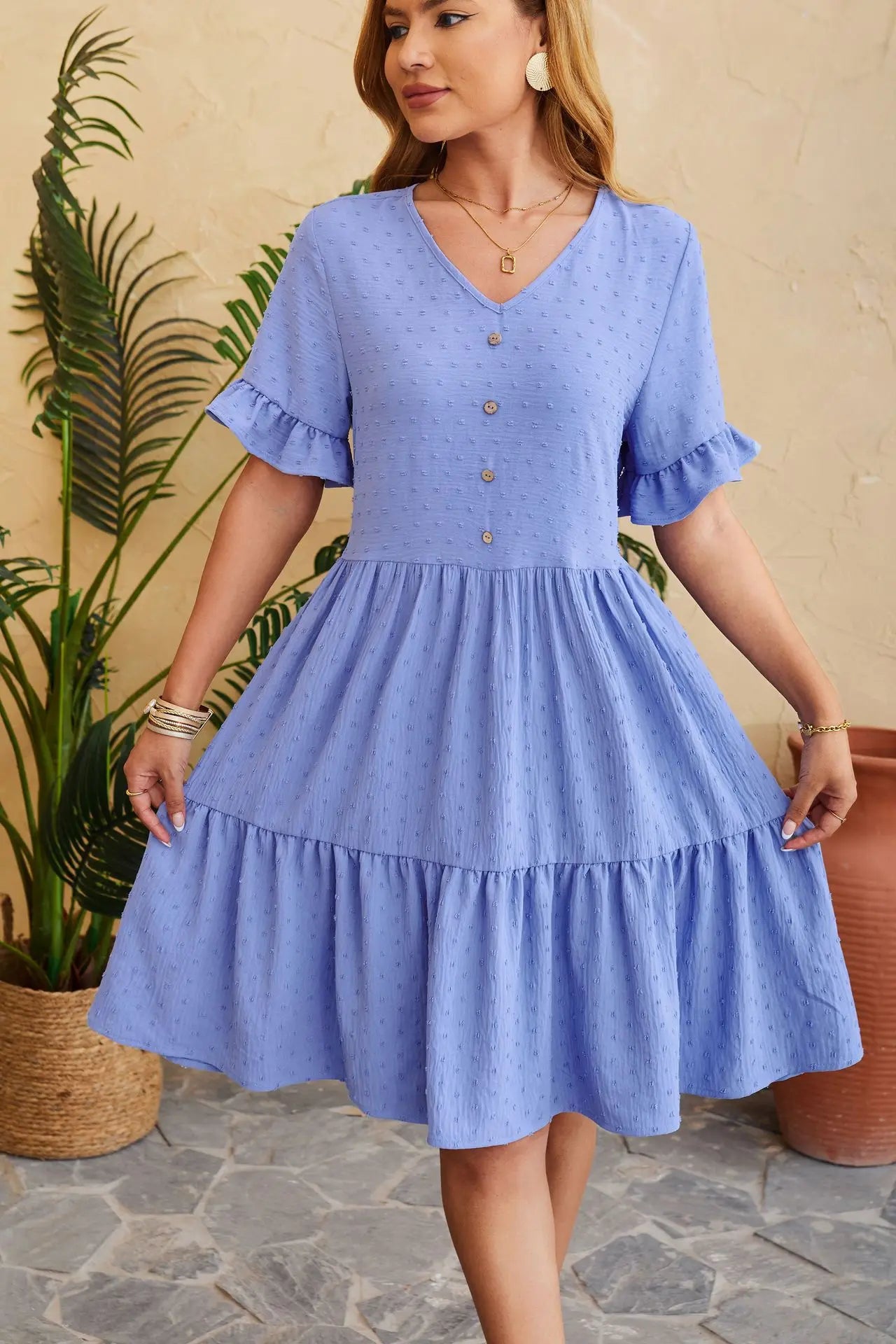 Polka Dot V-Neck Button Front Ruffle Sleeve Empire Waist Tiered Babydoll Mini Dress