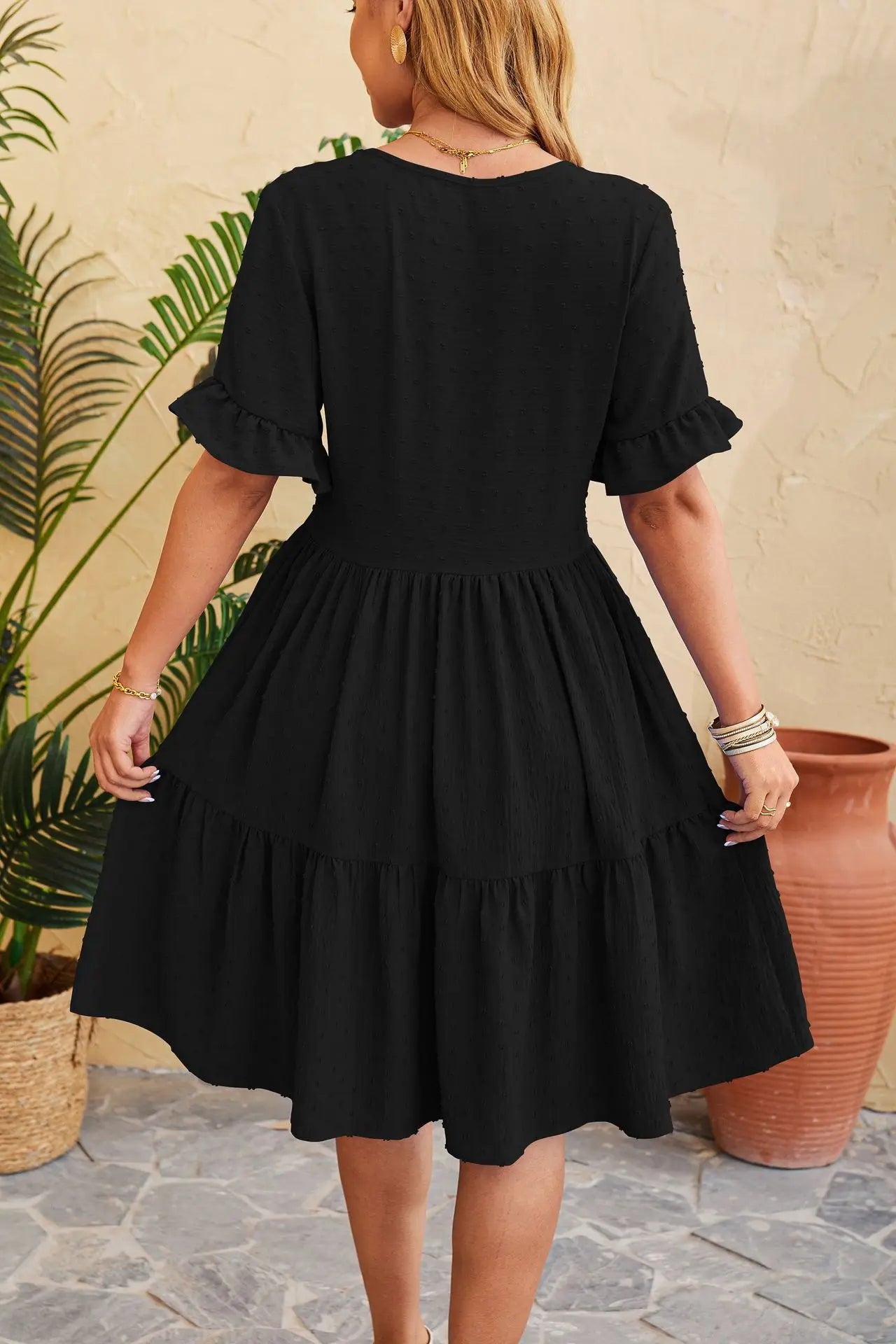 Polka Dot V-Neck Button Front Ruffle Sleeve Empire Waist Tiered Babydoll Mini Dress