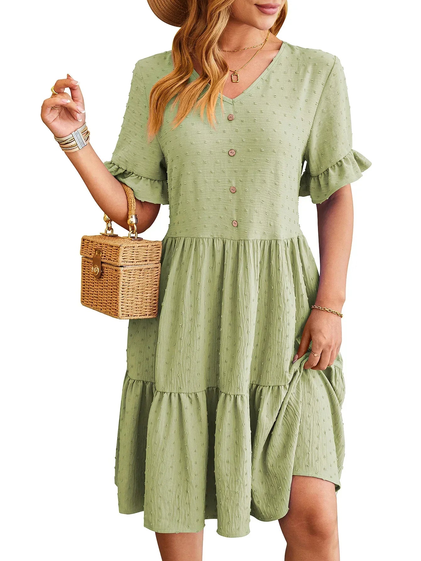 Polka Dot V-Neck Button Front Ruffle Sleeve Empire Waist Tiered Babydoll Mini Dress