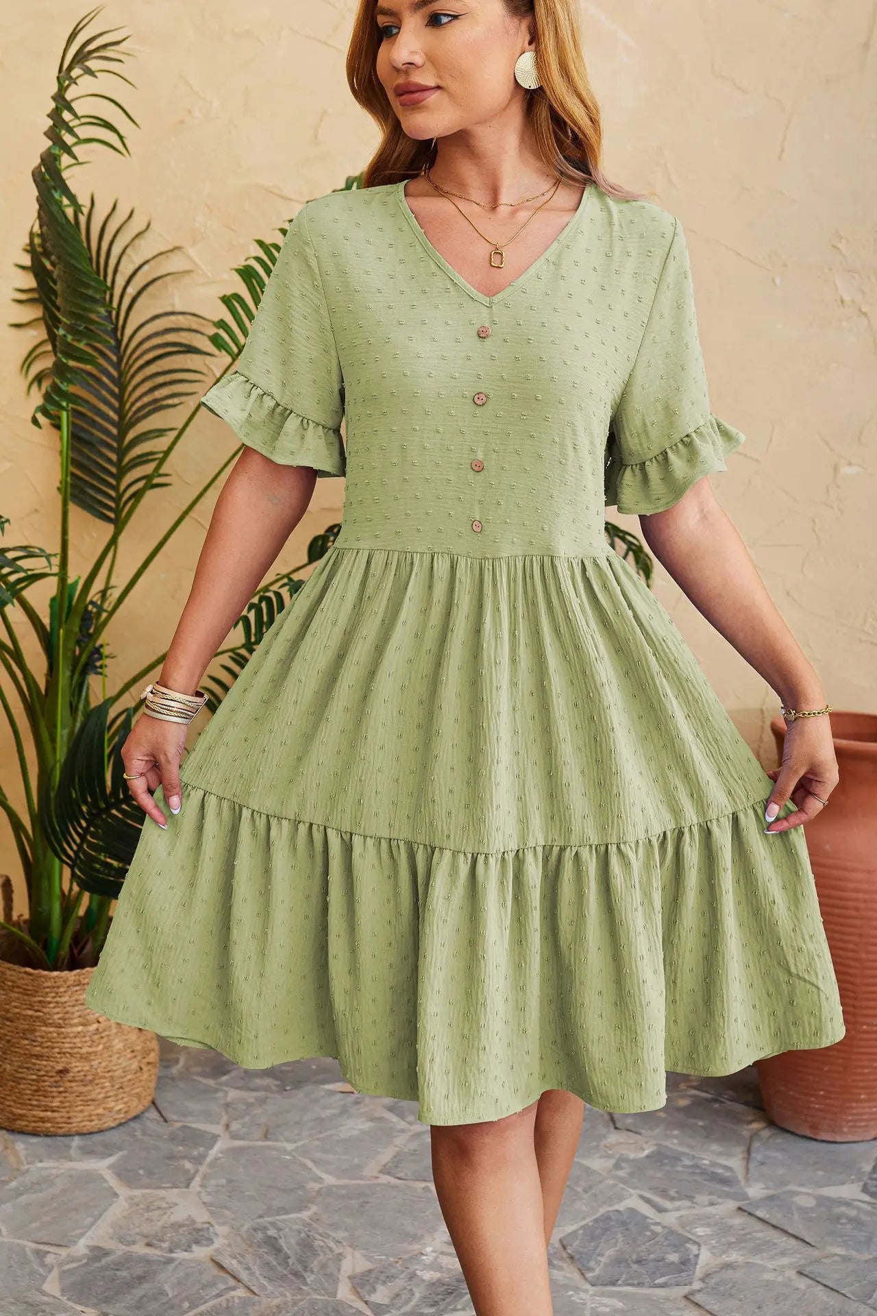 Polka Dot V-Neck Button Front Ruffle Sleeve Empire Waist Tiered Babydoll Mini Dress