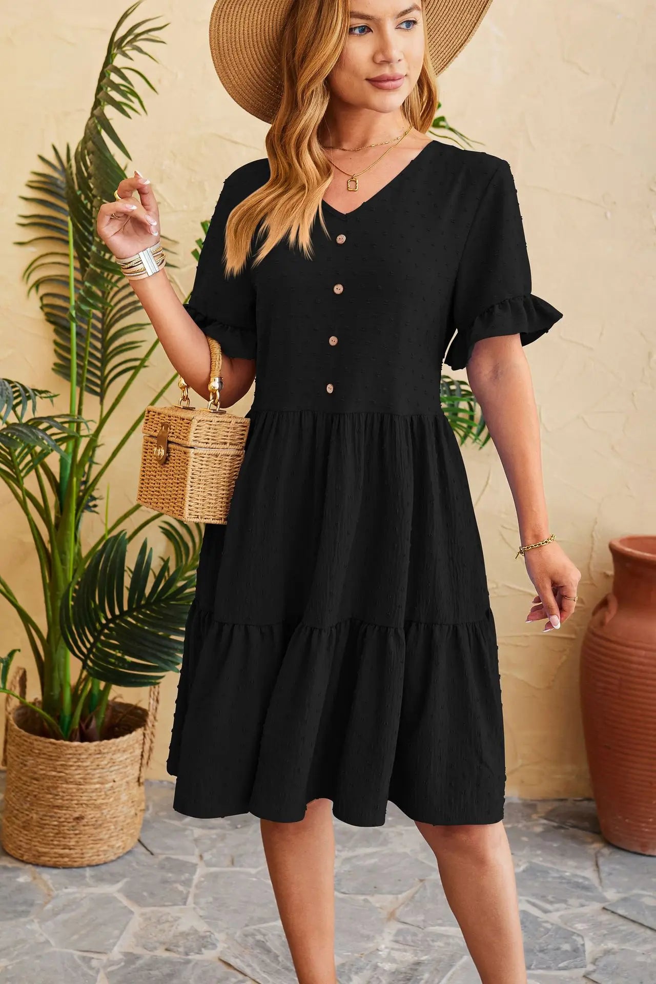 Polka Dot V-Neck Button Front Ruffle Sleeve Empire Waist Tiered Babydoll Mini Dress