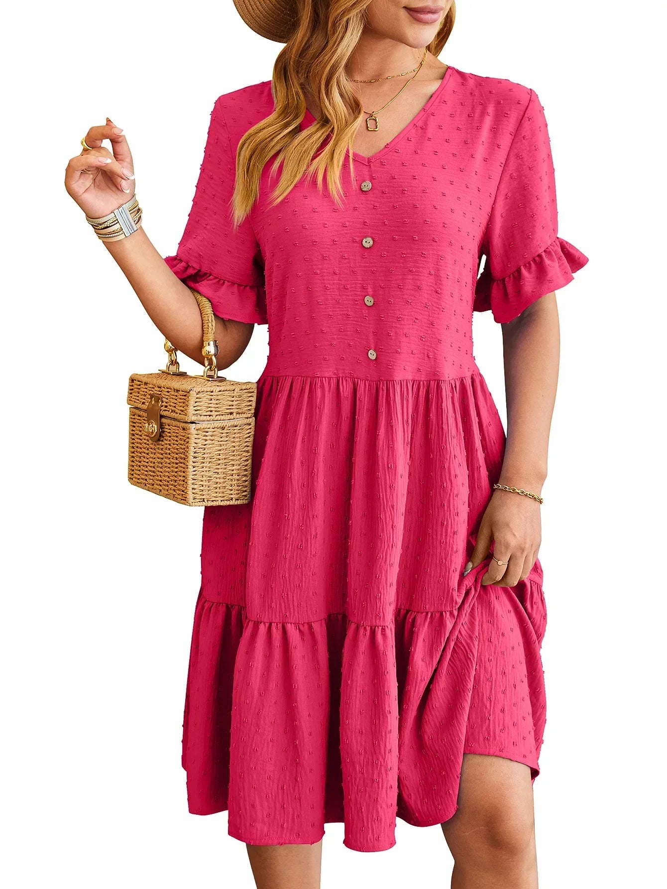 New Jacquard Fivequarter Pleat Polka LOOSE Midi Dresses