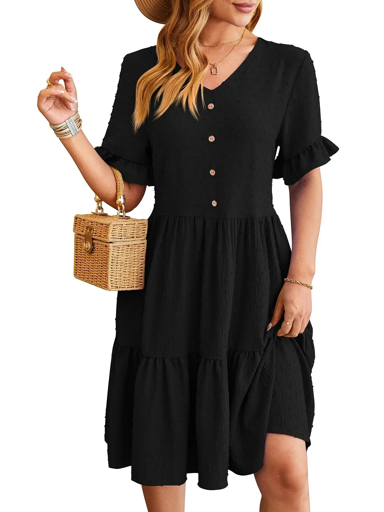 Polka Dot V-Neck Button Front Ruffle Sleeve Empire Waist Tiered Babydoll Mini Dress