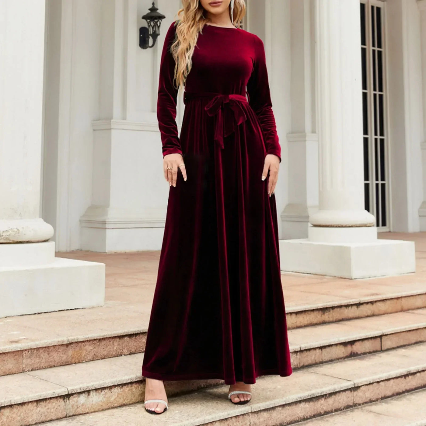 Autumn New Green Velvet Long Dress Elegant Vintage O-Neck Lace-Up Christmas Party Red / S Dresses-L