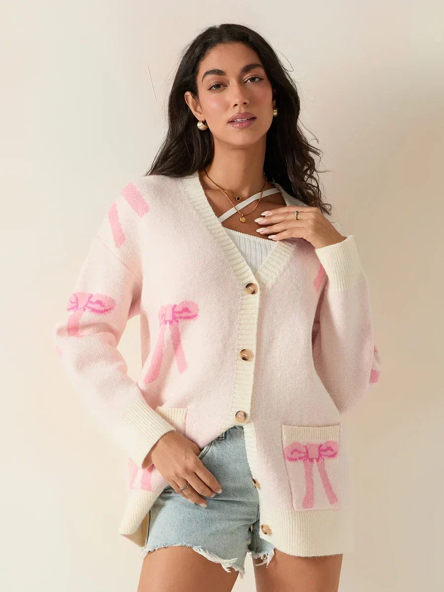 Bow Print V-Neck Button Front Oversized Pocket Cardigan