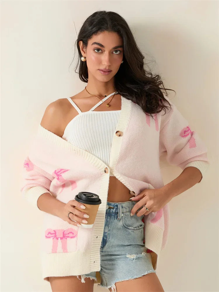 Bow Print V-Neck Button Front Oversized Pocket Cardigan 3