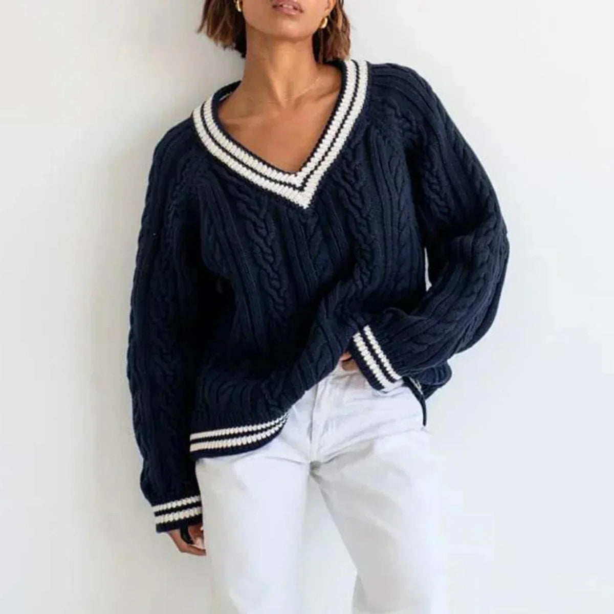 V-Neck Long Sleeve Contrast Stripe Trim Cable Knit Sweater 2