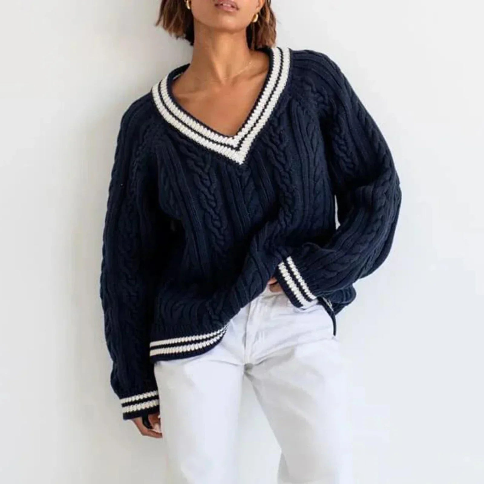 Cable Knit Loose Contrast Trim Sweater