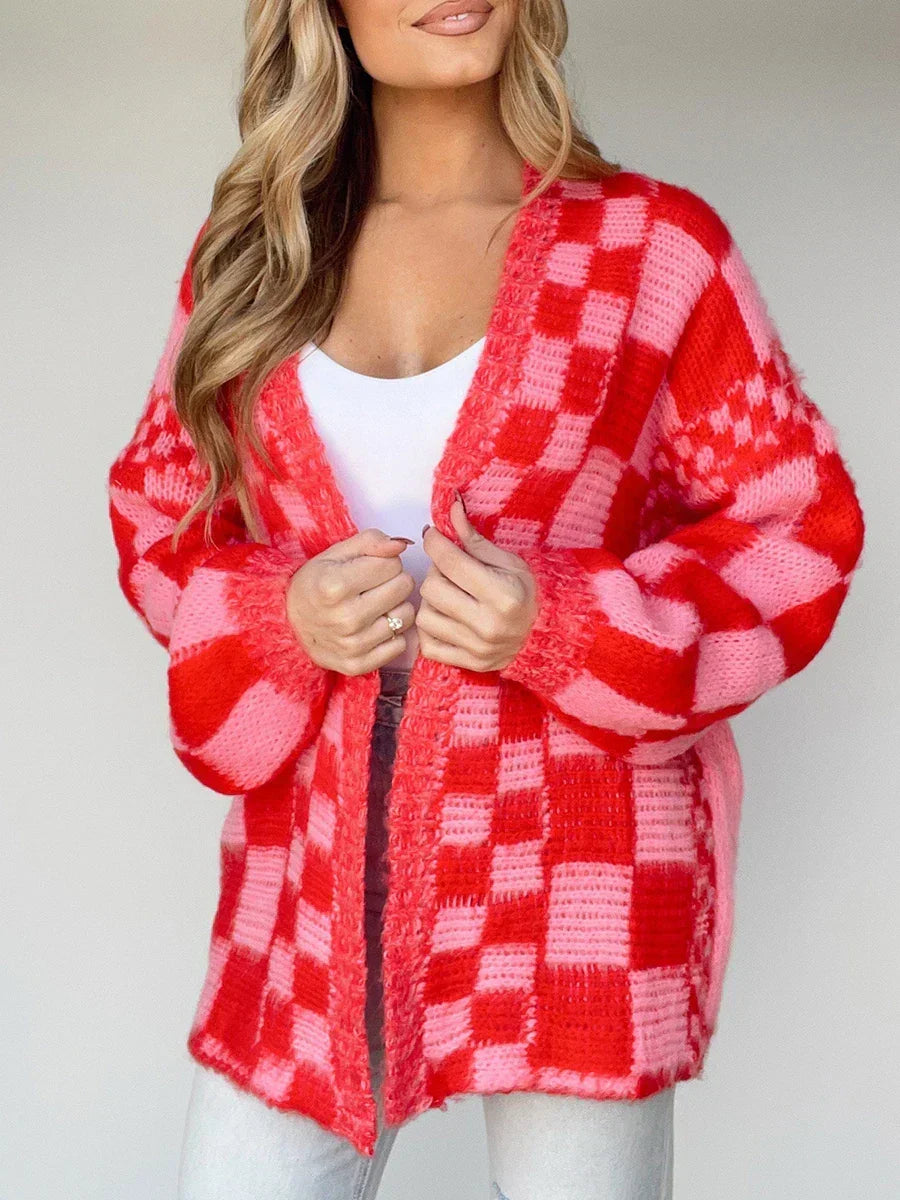 Checkered Open Front Balloon Sleeve Fuzzy Knit Cardigan 3