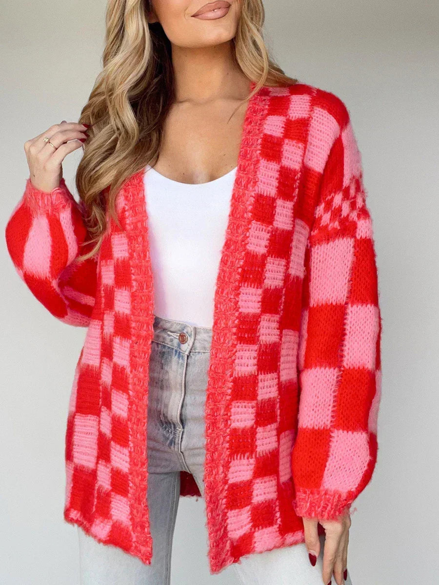 Checkered Open Front Balloon Sleeve Fuzzy Knit Cardigan